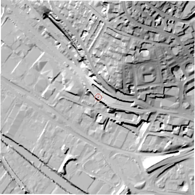 Shaded relief map of the ground around LS31HU, computed from Environment Agency LiDAR. The ground here sits at about 40 m above sea level and falls 55 m across the surrounding 800 m. Surface water reaching this point runs off ground lying to the east-north-east, 8.4 m higher.
