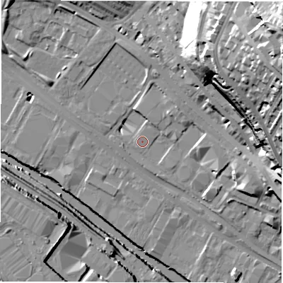 Shaded relief map of the ground around LS31JA, computed from Environment Agency LiDAR. The ground here sits at about 32 m above sea level and falls 53 m across the surrounding 800 m. Surface water reaching this point runs off ground lying to the north-north-east, 0.6 m higher.