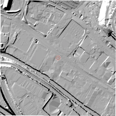 Shaded relief map of the ground around LS31JJ, computed from Environment Agency LiDAR. The ground here sits at about 31 m above sea level and falls 38 m across the surrounding 800 m. Surface water reaching this point runs off ground lying to the north, 1.1 m higher.