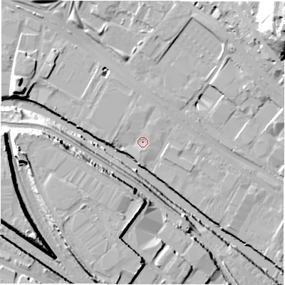 Shaded relief map of the ground around LS31JL, computed from Environment Agency LiDAR. The ground here sits at about 30 m above sea level and falls 36 m across the surrounding 800 m. Surface water reaching this point runs off ground lying to the south-south-east, 1.4 m higher.