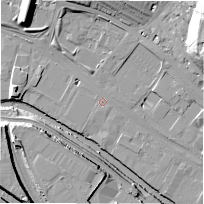 Shaded relief map of the ground around LS31JN, computed from Environment Agency LiDAR. The ground here sits at about 31 m above sea level and falls 35 m across the surrounding 800 m. Surface water reaching this point runs off ground lying to the north-north-east, 0.8 m higher.