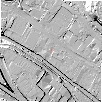 Shaded relief map of the ground around LS31JQ, computed from Environment Agency LiDAR. The ground here sits at about 31 m above sea level and falls 37 m across the surrounding 800 m. Surface water reaching this point runs off ground lying to the south-south-east, 1.1 m higher.