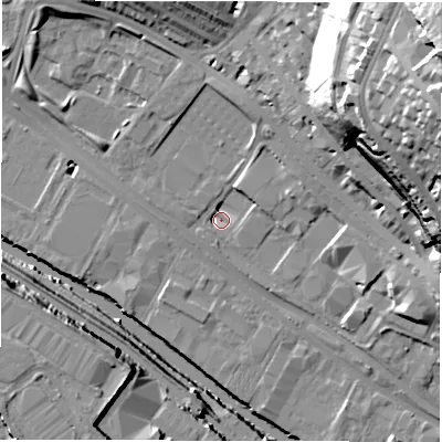 Shaded relief map of the ground around LS31JS, computed from Environment Agency LiDAR. The ground here sits at about 31 m above sea level and falls 48 m across the surrounding 800 m. Surface water reaching this point runs off ground lying to the north-north-east, 7.4 m higher.