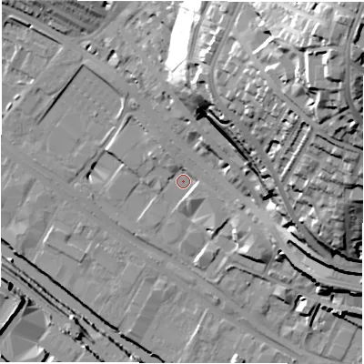 Shaded relief map of the ground around LS31JT, computed from Environment Agency LiDAR. The ground here sits at about 33 m above sea level and falls 59 m across the surrounding 800 m. Surface water reaching this point runs off ground lying to the north-east, 52.9 m higher.