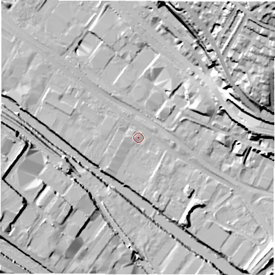 Shaded relief map of the ground around LS31LH, computed from Environment Agency LiDAR. The ground here sits at about 30 m above sea level and falls 50 m across the surrounding 800 m. Surface water reaching this point runs off ground lying to the north-east, 46.3 m higher.