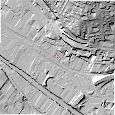 Shaded relief map of the ground around LS31LQ, computed from Environment Agency LiDAR. The ground here sits at about 31 m above sea level and falls 45 m across the surrounding 800 m. Surface water reaching this point runs off ground lying to the north-north-east, 3.6 m higher.