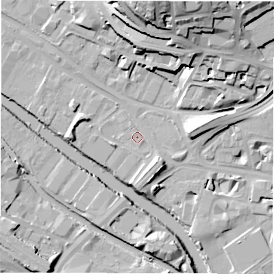 Shaded relief map of the ground around LS31LW, computed from Environment Agency LiDAR. The ground here sits at about 30 m above sea level and falls 32 m across the surrounding 800 m. Surface water reaching this point runs off ground lying to the south-east, 7.3 m higher.