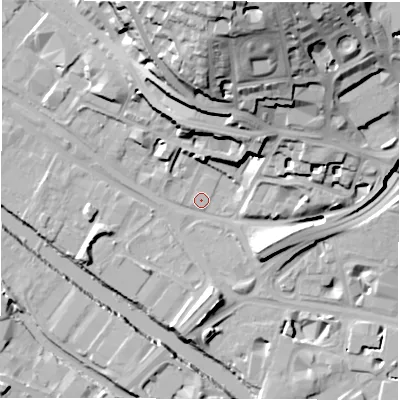 Shaded relief map of the ground around LS31LX, computed from Environment Agency LiDAR. The ground here sits at about 30 m above sea level and falls 40 m across the surrounding 800 m. Surface water reaching this point runs off ground lying to the north, 39.2 m higher.