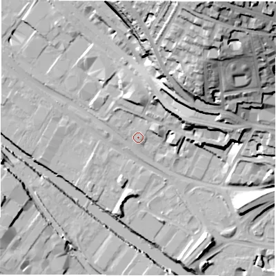 Shaded relief map of the ground around LS31NF, computed from Environment Agency LiDAR. The ground here sits at about 32 m above sea level and falls 49 m across the surrounding 800 m. Surface water reaching this point runs off ground lying to the north-east, 17.1 m higher.