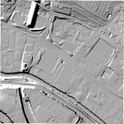 Shaded relief map of the ground around LS42AG, computed from Environment Agency LiDAR. The ground here sits at about 30 m above sea level and falls 28 m across the surrounding 800 m. Surface water reaching this point runs off ground lying to the south, 1.1 m higher.