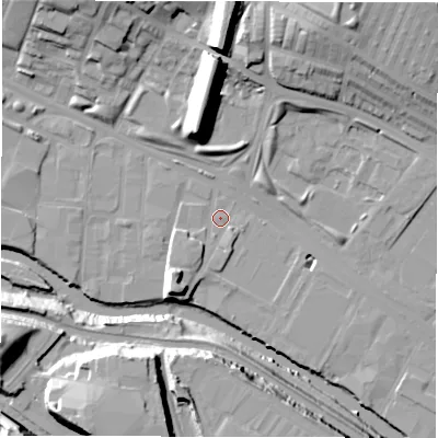 Shaded relief map of the ground around LS42AH, computed from Environment Agency LiDAR. The ground here sits at about 31 m above sea level and falls 30 m across the surrounding 800 m. Surface water reaching this point runs off ground lying to the north-east, 22.7 m higher.