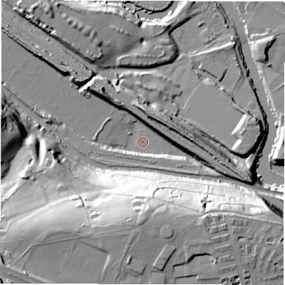 Shaded relief map of the ground around LS42AL, computed from Environment Agency LiDAR. The ground here sits at about 32 m above sea level and falls 55 m across the surrounding 800 m. Surface water reaching this point runs off ground lying to the east-south-east, 9.4 m higher.