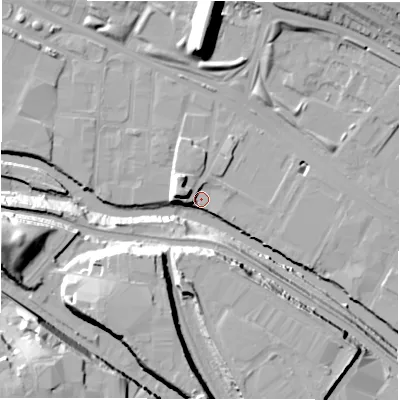 Shaded relief map of the ground around LS42AP, computed from Environment Agency LiDAR. The ground here sits at about 30 m above sea level and falls 35 m across the surrounding 800 m. Surface water reaching this point runs off ground lying to the north-north-east, 1.7 m higher.