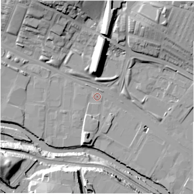 Shaded relief map of the ground around LS42AR, computed from Environment Agency LiDAR. The ground here sits at about 31 m above sea level and falls 30 m across the surrounding 800 m. Surface water reaching this point runs off ground lying to the south-south-west, 10.8 m higher.