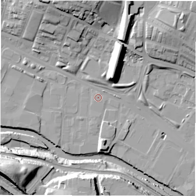 Shaded relief map of the ground around LS42AS, computed from Environment Agency LiDAR. The ground here sits at about 31 m above sea level and falls 34 m across the surrounding 800 m. Surface water reaching this point runs off ground lying to the north-east, 23.9 m higher.