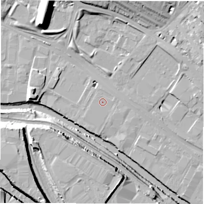 Shaded relief map of the ground around LS42AT, computed from Environment Agency LiDAR. The ground here sits at about 31 m above sea level and falls 30 m across the surrounding 800 m. The ground contributing surface water to this point lies to the east-north-east.