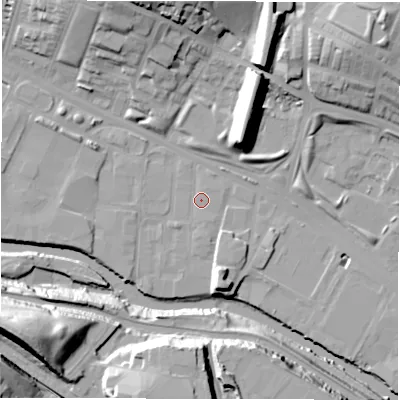 Shaded relief map of the ground around LS42AU, computed from Environment Agency LiDAR. The ground here sits at about 31 m above sea level and falls 34 m across the surrounding 800 m. Surface water reaching this point runs off ground lying to the south-south-east, 0.8 m higher.