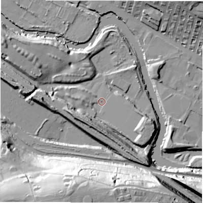 Shaded relief map of the ground around LS42AW, computed from Environment Agency LiDAR. The ground here sits at about 34 m above sea level and falls 47 m across the surrounding 800 m. Surface water reaching this point runs off ground lying to the south-south-west, 11.4 m higher.