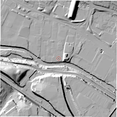 Shaded relief map of the ground around LS42AY, computed from Environment Agency LiDAR. The ground here sits at about 30 m above sea level and falls 35 m across the surrounding 800 m. Surface water reaching this point runs off ground lying to the east, 9.0 m higher.