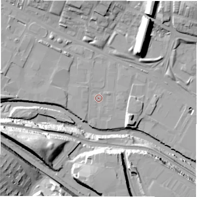 Shaded relief map of the ground around LS42AZ, computed from Environment Agency LiDAR. The ground here sits at about 31 m above sea level and falls 39 m across the surrounding 800 m. Surface water reaching this point runs off ground lying to the west-north-west, 4.6 m higher.