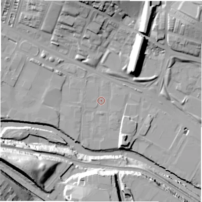 Shaded relief map of the ground around LS42BB, computed from Environment Agency LiDAR. The ground here sits at about 31 m above sea level and falls 36 m across the surrounding 800 m. Surface water reaching this point runs off ground lying to the north-north-east, 22.3 m higher.