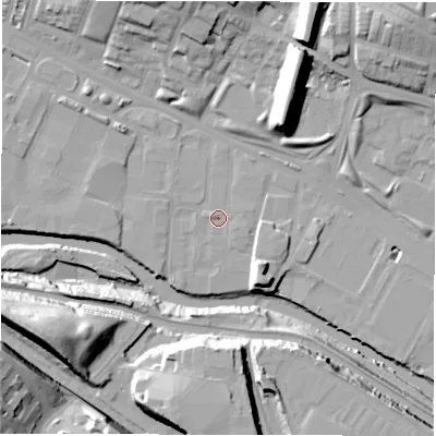 Shaded relief map of the ground around LS42BE, computed from Environment Agency LiDAR. The ground here sits at about 31 m above sea level and falls 34 m across the surrounding 800 m. Surface water reaching this point runs off ground lying to the west, 1.0 m higher.