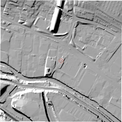 Shaded relief map of the ground around LS42BG, computed from Environment Agency LiDAR. The ground here sits at about 31 m above sea level and falls 33 m across the surrounding 800 m. Surface water reaching this point runs off ground lying to the north-east, 21.1 m higher.