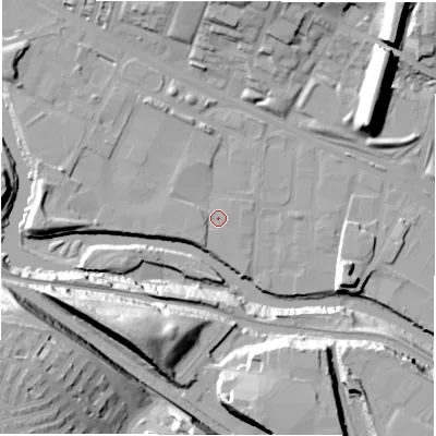 Shaded relief map of the ground around LS42BL, computed from Environment Agency LiDAR. The ground here sits at about 31 m above sea level and falls 43 m across the surrounding 800 m. Surface water reaching this point runs off ground lying to the west-south-west, 1.8 m higher.