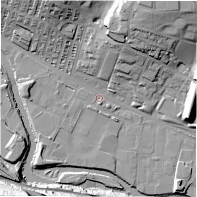 Shaded relief map of the ground around LS42BN, computed from Environment Agency LiDAR. The ground here sits at about 32 m above sea level and falls 36 m across the surrounding 800 m. Surface water reaching this point runs off ground lying to the north-north-west, 26.8 m higher.