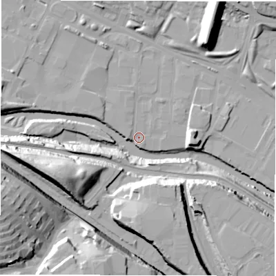 Shaded relief map of the ground around LS42BQ, computed from Environment Agency LiDAR. The ground here sits at about 30 m above sea level and falls 40 m across the surrounding 800 m. Surface water reaching this point runs off ground lying to the west, 4.5 m higher.