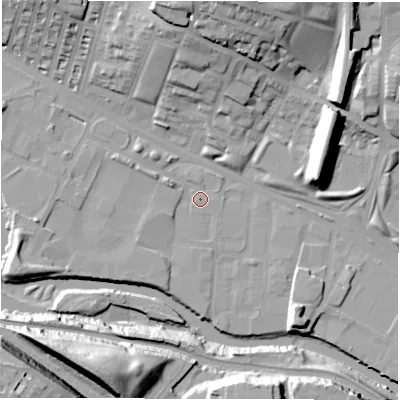Shaded relief map of the ground around LS42BT, computed from Environment Agency LiDAR. The ground here sits at about 31 m above sea level and falls 41 m across the surrounding 800 m. Surface water reaching this point runs off ground lying to the west-south-west, 6.2 m higher.
