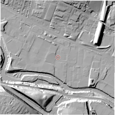 Shaded relief map of the ground around LS42BX, computed from Environment Agency LiDAR. The ground here sits at about 31 m above sea level and falls 43 m across the surrounding 800 m. Surface water reaching this point runs off ground lying to the west-south-west, 2.0 m higher.