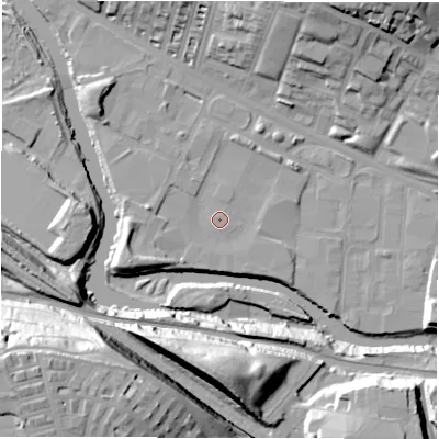 Shaded relief map of the ground around LS42DG, computed from Environment Agency LiDAR. The ground here sits at about 32 m above sea level and falls 47 m across the surrounding 800 m. Surface water reaching this point runs off ground lying to the west-south-west, 5.2 m higher.