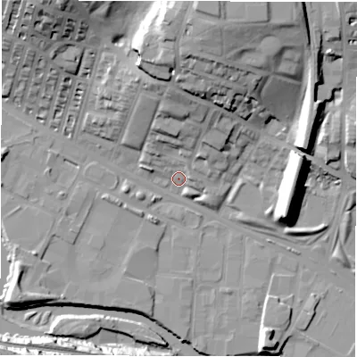 Shaded relief map of the ground around LS42DN, computed from Environment Agency LiDAR. The ground here sits at about 33 m above sea level and falls 34 m across the surrounding 800 m. Surface water reaching this point runs off ground lying to the north, 17.0 m higher.