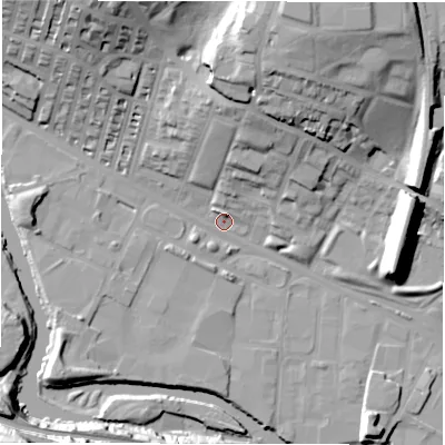 Shaded relief map of the ground around LS42DS, computed from Environment Agency LiDAR. The ground here sits at about 32 m above sea level and falls 34 m across the surrounding 800 m. Surface water reaching this point runs off ground lying to the north-north-east, 29.2 m higher.