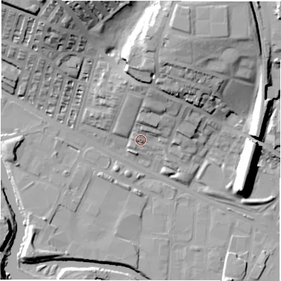 Shaded relief map of the ground around LS42DU, computed from Environment Agency LiDAR. The ground here sits at about 36 m above sea level and falls 38 m across the surrounding 800 m. Surface water reaching this point runs off ground lying to the north, 6.6 m higher.