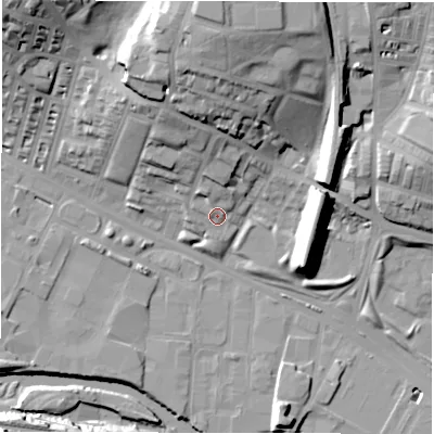Shaded relief map of the ground around LS42DZ, computed from Environment Agency LiDAR. The ground here sits at about 35 m above sea level and falls 34 m across the surrounding 800 m. Surface water reaching this point runs off ground lying to the north, 25.9 m higher.