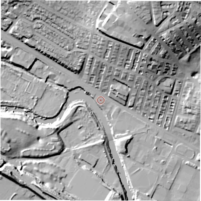 Shaded relief map of the ground around LS42EW, computed from Environment Agency LiDAR. The ground here sits at about 33 m above sea level and falls 43 m across the surrounding 800 m. Surface water reaching this point runs off ground lying to the south-south-west, 14.7 m higher.