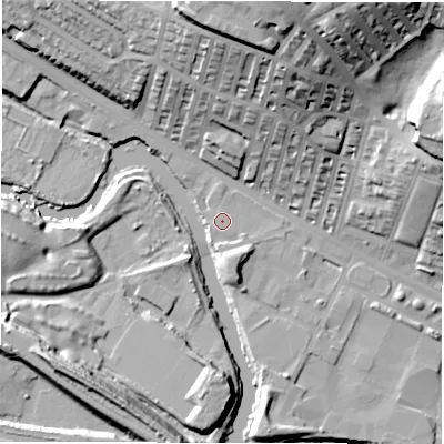 Shaded relief map of the ground around LS42EZ, computed from Environment Agency LiDAR. The ground here sits at about 33 m above sea level and falls 40 m across the surrounding 800 m. Surface water reaching this point runs off ground lying to the south-south-east, 4.5 m higher.