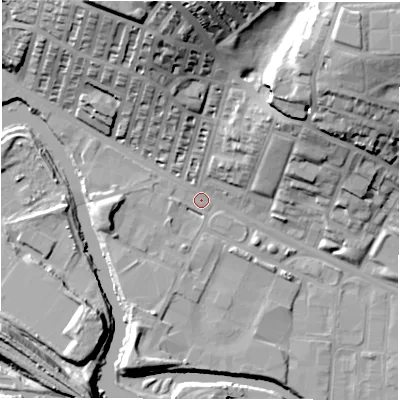 Shaded relief map of the ground around LS42HD, computed from Environment Agency LiDAR. The ground here sits at about 32 m above sea level and falls 38 m across the surrounding 800 m. Surface water reaching this point runs off ground lying to the north-north-west, 33.0 m higher.