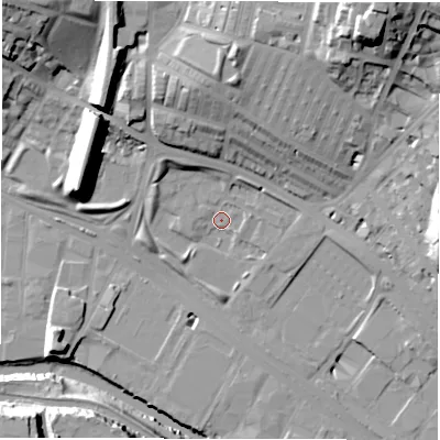 Shaded relief map of the ground around LS42HE, computed from Environment Agency LiDAR. The ground here sits at about 33 m above sea level and falls 42 m across the surrounding 800 m. Surface water reaching this point runs off ground lying to the north-west, 6.2 m higher.