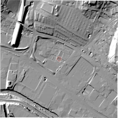 Shaded relief map of the ground around LS42HG, computed from Environment Agency LiDAR. The ground here sits at about 33 m above sea level and falls 41 m across the surrounding 800 m. Surface water reaching this point runs off ground lying to the north-north-east, 35.9 m higher.