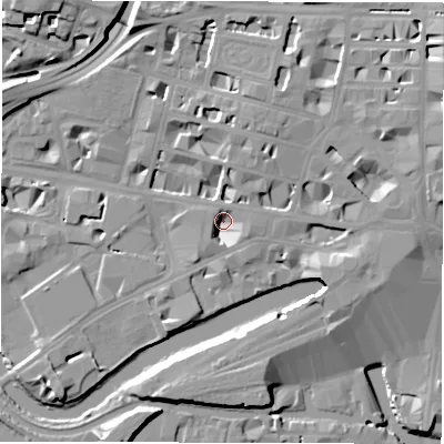 Shaded relief map of the ground around LS42HH, computed from Environment Agency LiDAR. The ground here sits at about 26 m above sea level and falls 22 m across the surrounding 800 m. Surface water reaching this point runs off ground lying to the east-north-east, 6.5 m higher.
