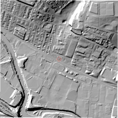 Shaded relief map of the ground around LS42HQ, computed from Environment Agency LiDAR. The ground here sits at about 33 m above sea level and falls 38 m across the surrounding 800 m. Surface water reaching this point runs off ground lying to the north-north-west, 33.6 m higher.