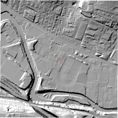 Shaded relief map of the ground around LS42HR, computed from Environment Agency LiDAR. The ground here sits at about 33 m above sea level and falls 46 m across the surrounding 800 m. Surface water reaching this point runs off ground lying to the north-west, 1.1 m higher.