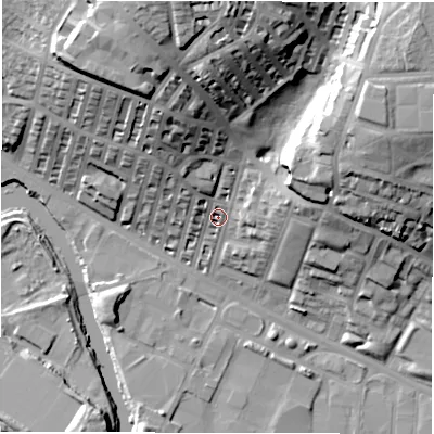 Shaded relief map of the ground around LS42JE, computed from Environment Agency LiDAR. The ground here sits at about 37 m above sea level and falls 43 m across the surrounding 800 m. Surface water reaching this point runs off ground lying to the north-north-west, 34.3 m higher.