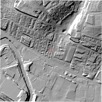 Shaded relief map of the ground around LS42JF, computed from Environment Agency LiDAR. The ground here sits at about 36 m above sea level and falls 41 m across the surrounding 800 m. Surface water reaching this point runs off ground lying to the north-north-west, 28.5 m higher.
