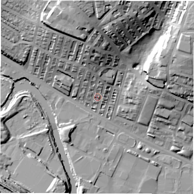 Shaded relief map of the ground around LS42JU, computed from Environment Agency LiDAR. The ground here sits at about 38 m above sea level and falls 42 m across the surrounding 800 m. Surface water reaching this point runs off ground lying to the north, 21.9 m higher.