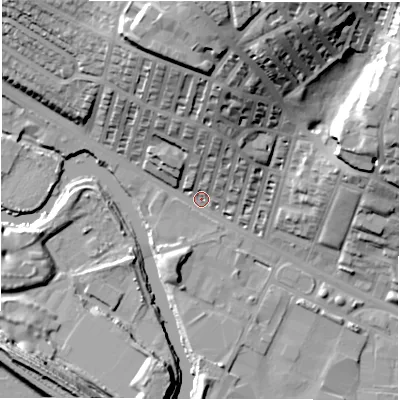 Shaded relief map of the ground around LS42JX, computed from Environment Agency LiDAR. The ground here sits at about 33 m above sea level and falls 41 m across the surrounding 800 m. Surface water reaching this point runs off ground lying to the north, 36.1 m higher.