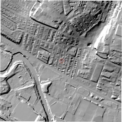 Shaded relief map of the ground around LS42JY, computed from Environment Agency LiDAR. The ground here sits at about 39 m above sea level and falls 43 m across the surrounding 800 m. Surface water reaching this point runs off ground lying to the north, 21.2 m higher.
